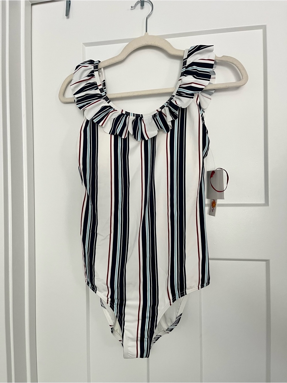 Striped Ruffle-Neck One-Piece Swimsuit in White with Black & Red Stripes